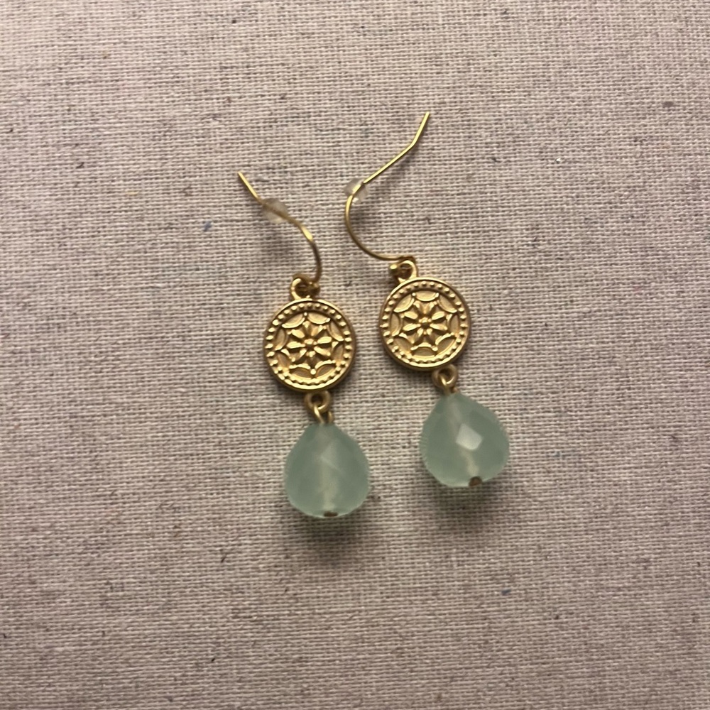 Gold and Green Medallion Stone Teardrop Earrings - Picture 4 of 4